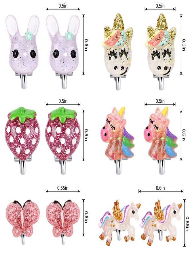 Wingchold Unicorn Clip On Earrings for Little Girls, Bling Butterfly and Strawberry Earrings, Toddler Girls Dress Up Jewelry, 6 Pairs, Best Gift-C - Image 2